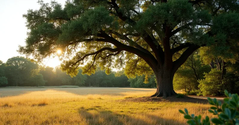 Broad tree canopy above a sunlit grassy landscape