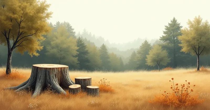 Tree stump and cut wood in a sunlit landscape